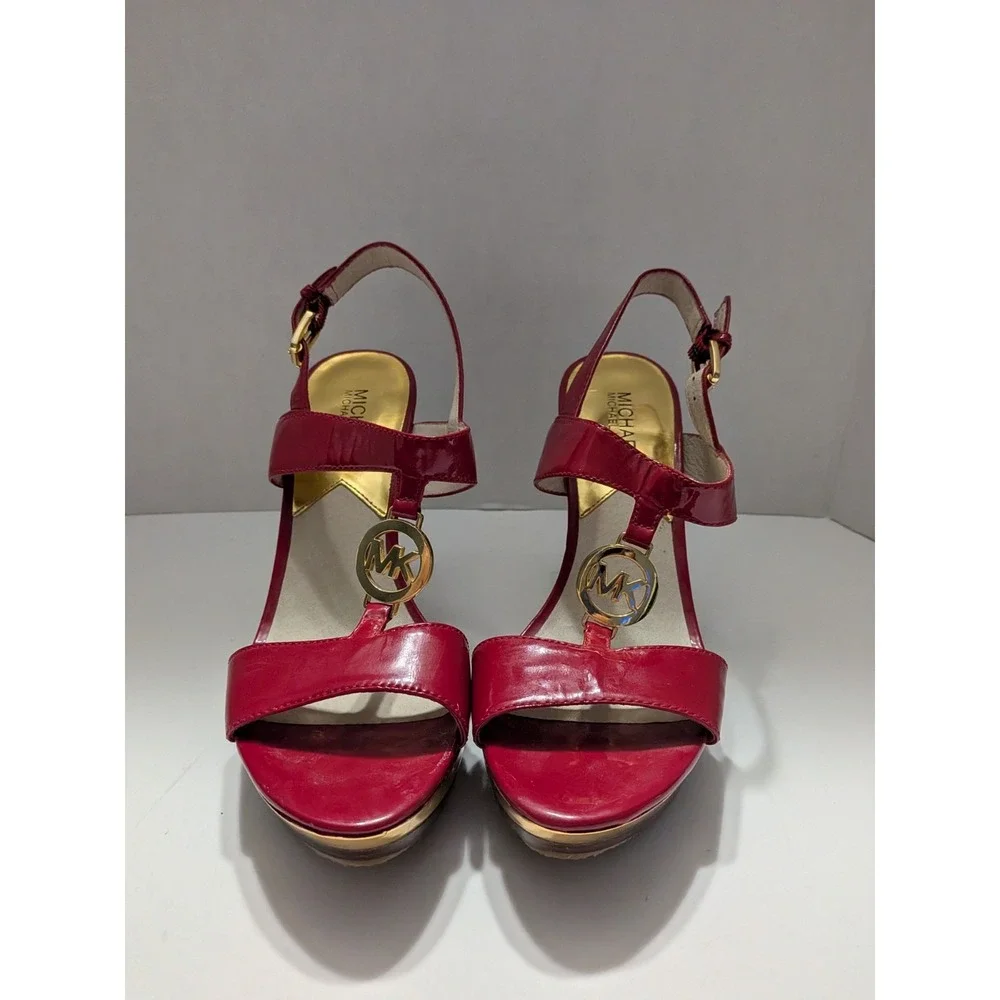 Michael Kors Red Patent Leather MK Logo T-Strap Platform Sandals Heels 8M